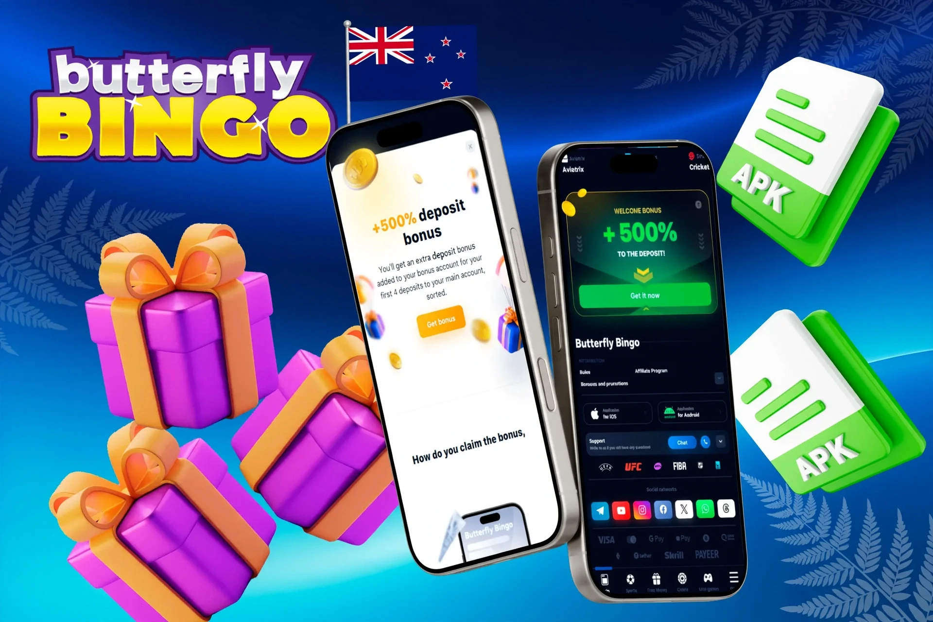 Butterfly Bingo mobile app promotion with £20 Bingo Bonus + 20 Free Spins and gift box illustration