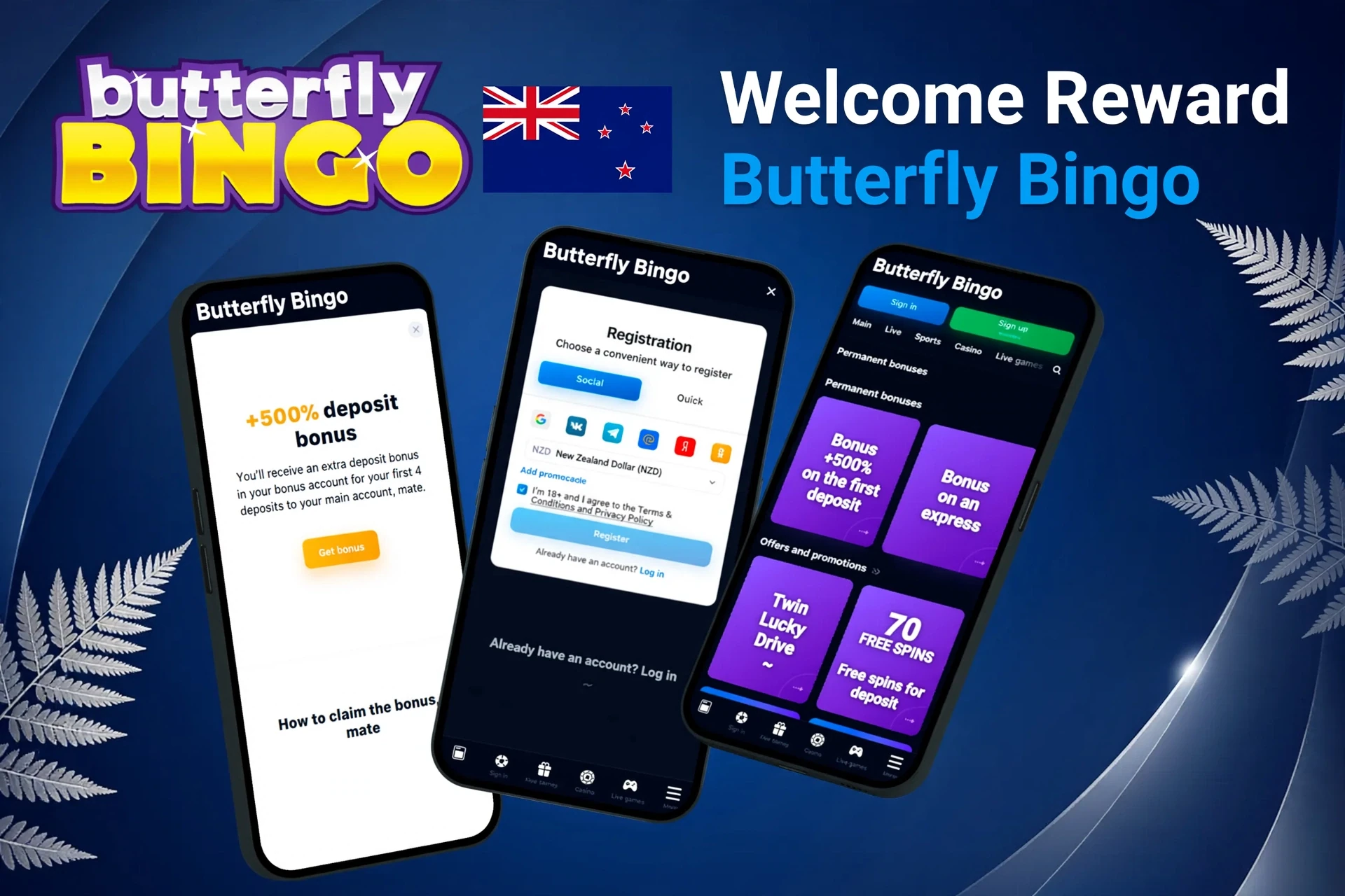 Mobile screens displaying Butterfly Bingo registration and £20 Bingo Bonus plus 20 Free Spins with gift boxes