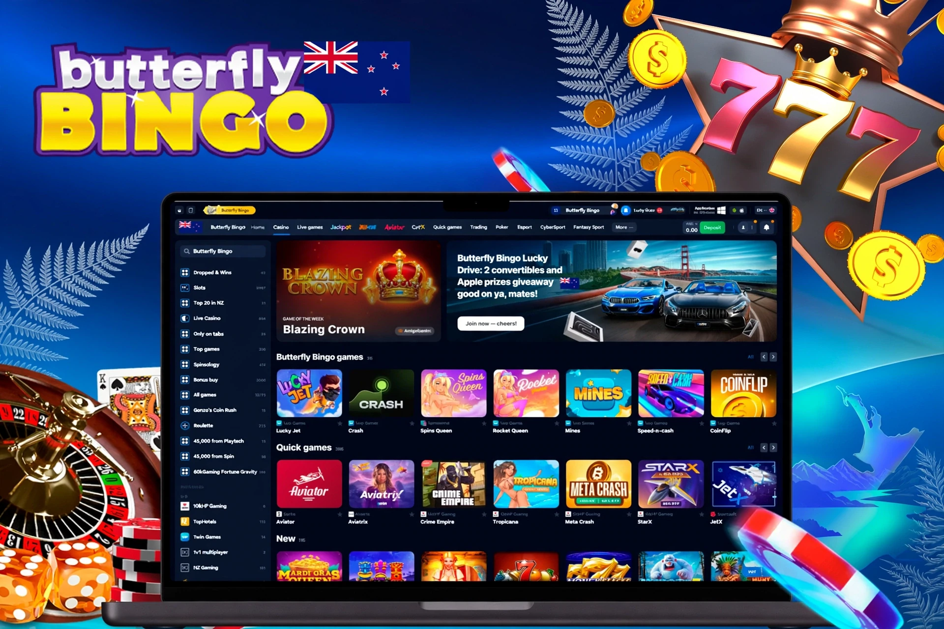 Casino homepage with various slot and crash games, including Lucky Jet and Blazing Crown