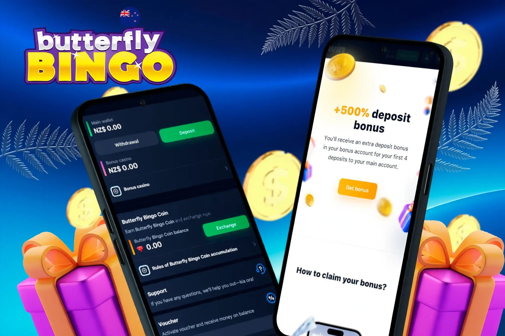deposit and withdrawal screen showing wallet balance, account management options, and a £20 Bingo Bonus + 20 Free Spins welcome offer