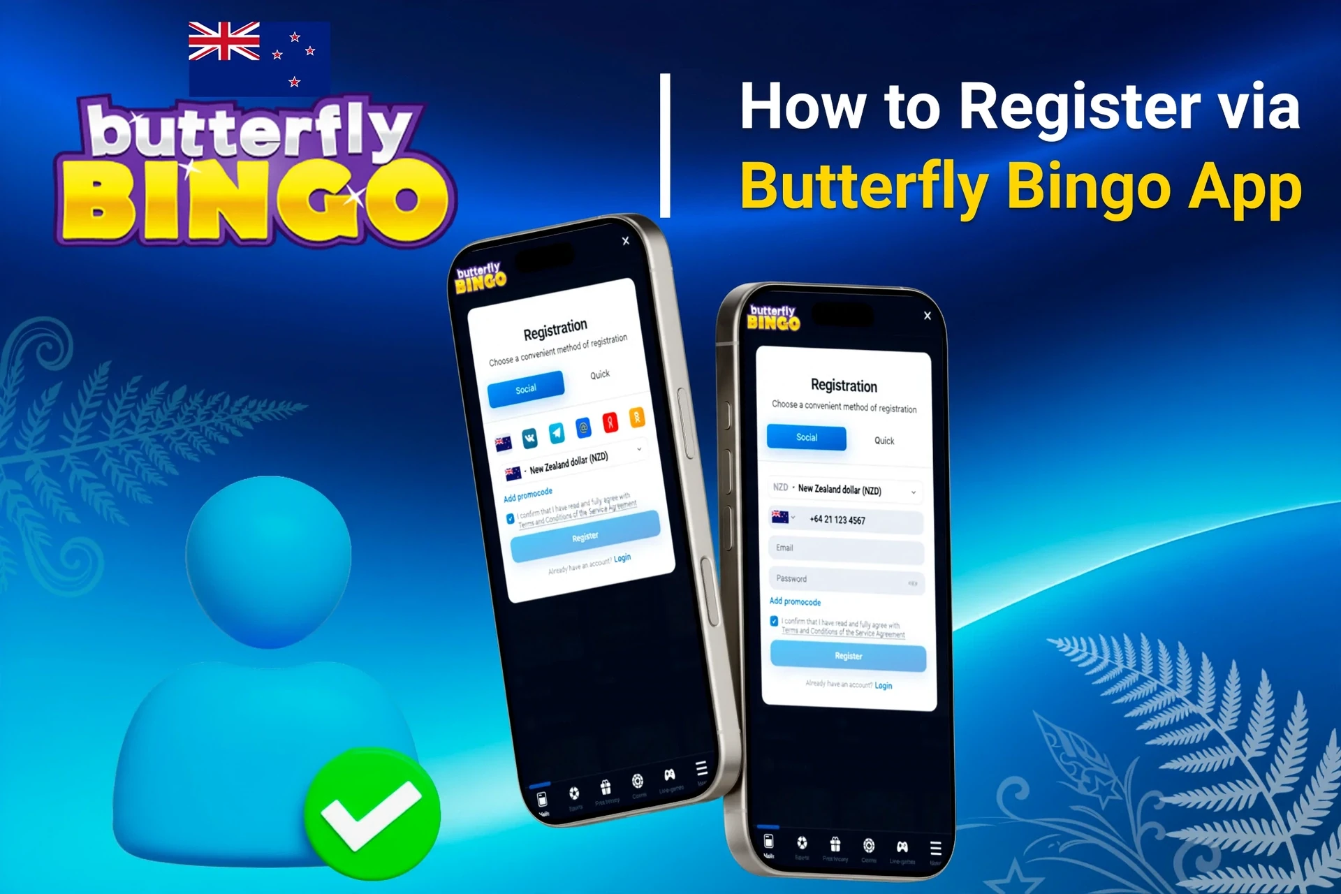 Registration process on the Butterfly Bingo mobile app with social login options