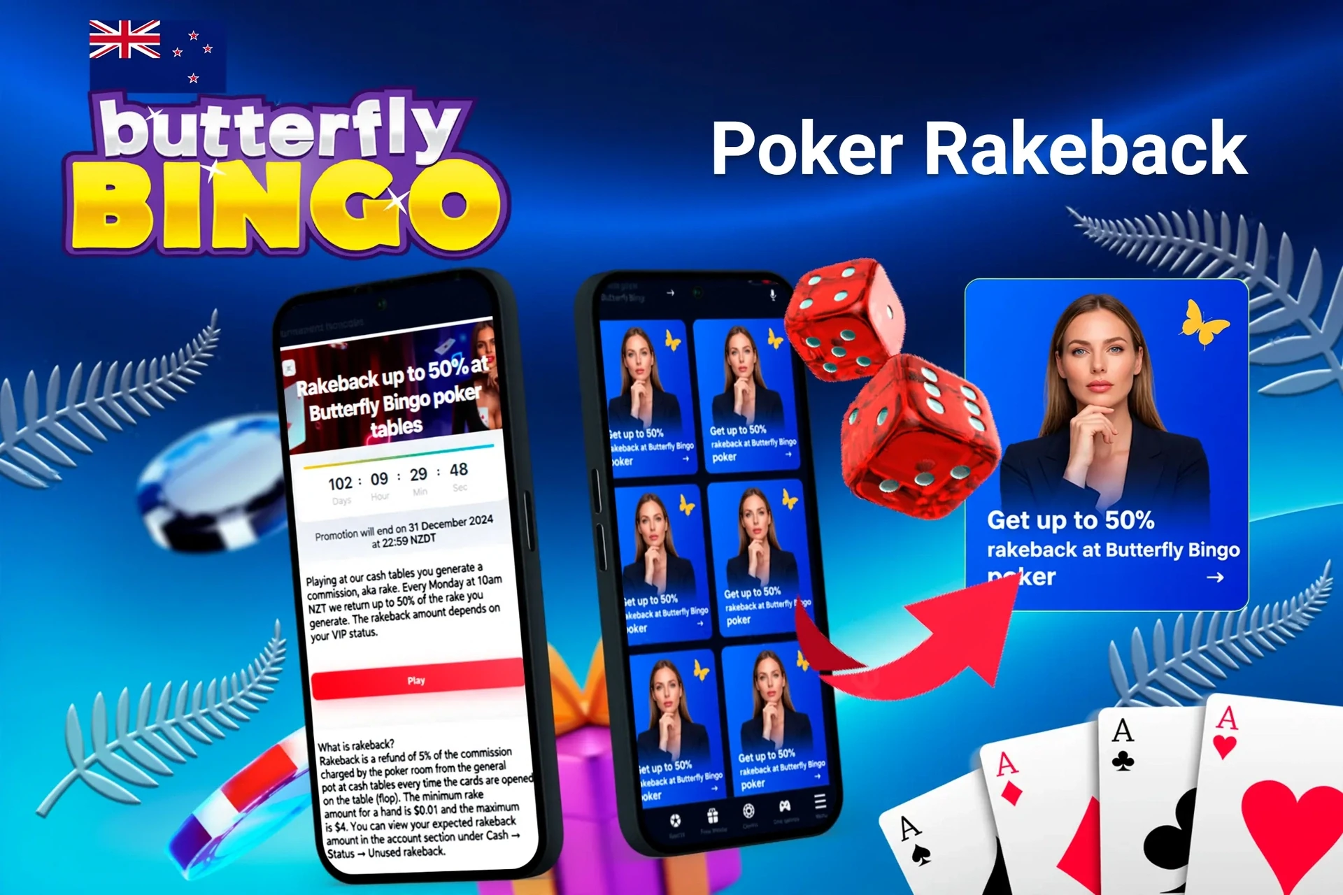 Mobile app with Butterfly Bingo poker rakeback offer up to 50%, red dice, and playing cards