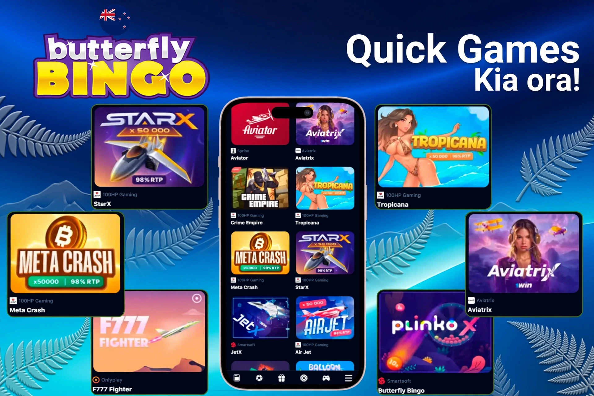 Quick games such as StarX, Tropicana, Meta Crash, and PlinkoX highlighted on mobile at Butterfly Bingo UK