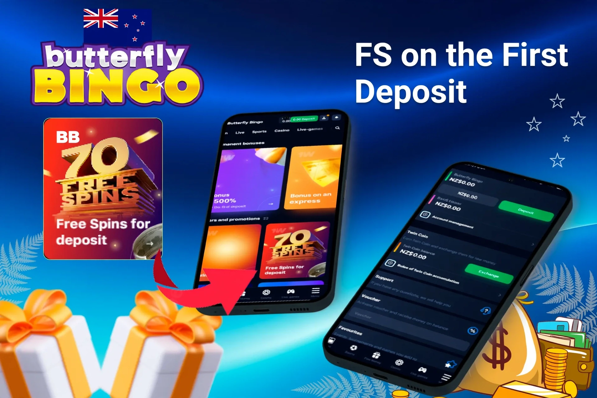 Mobile app showing casino promotions such as loyalty rewards and free spins with poker chips and cards