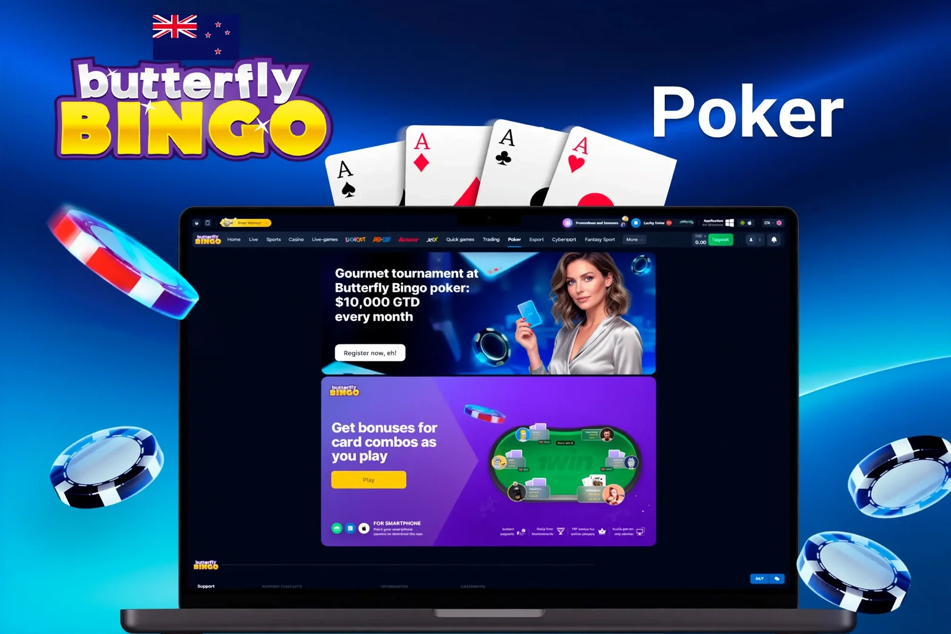 Butterfly Bingo poker promotion featuring a tournament with a guaranteed prize pool and bonuses for certain card combinations