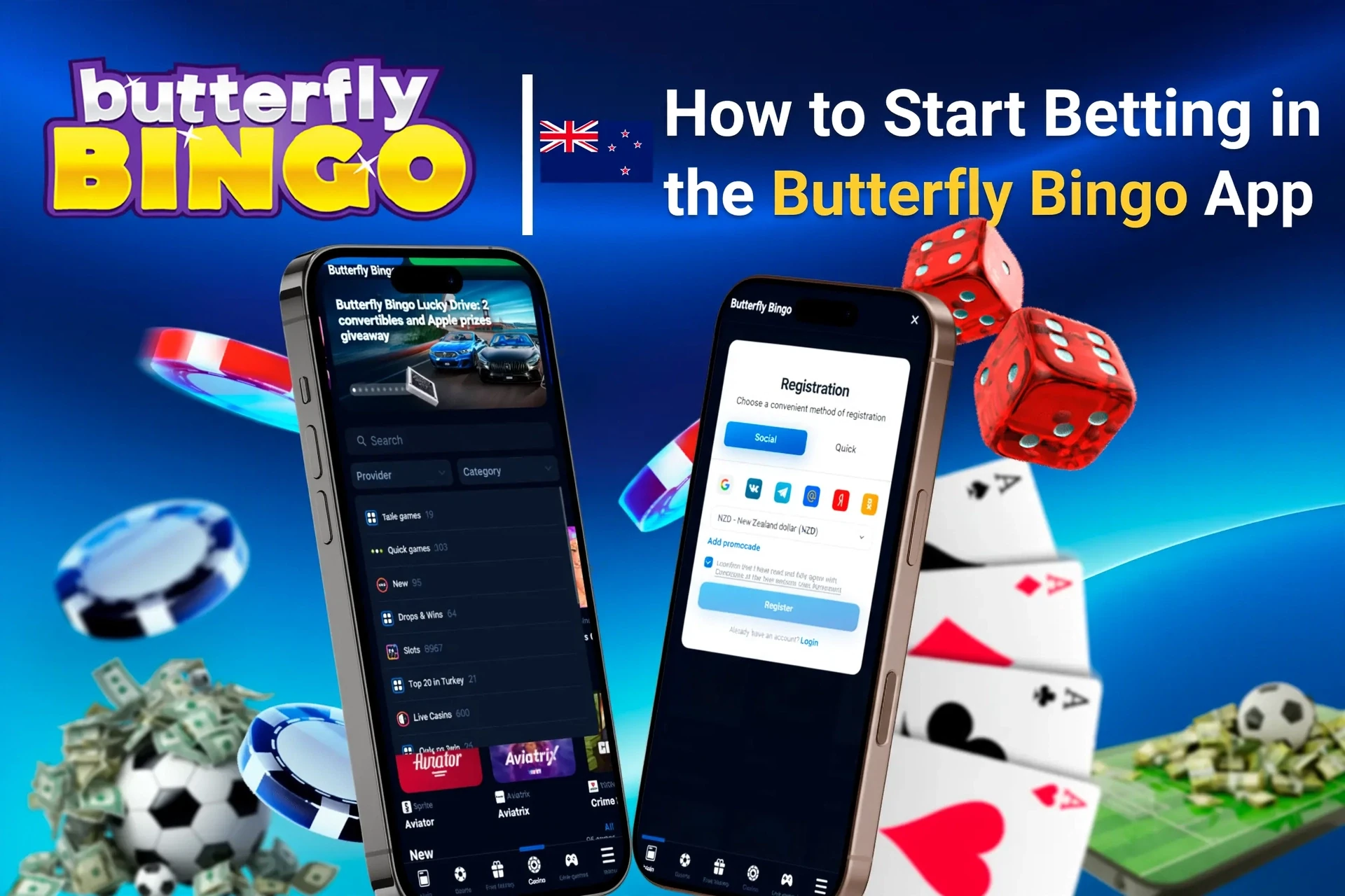 Step-by-step guide to getting started in the app, showing registration and game selection on mobile screens