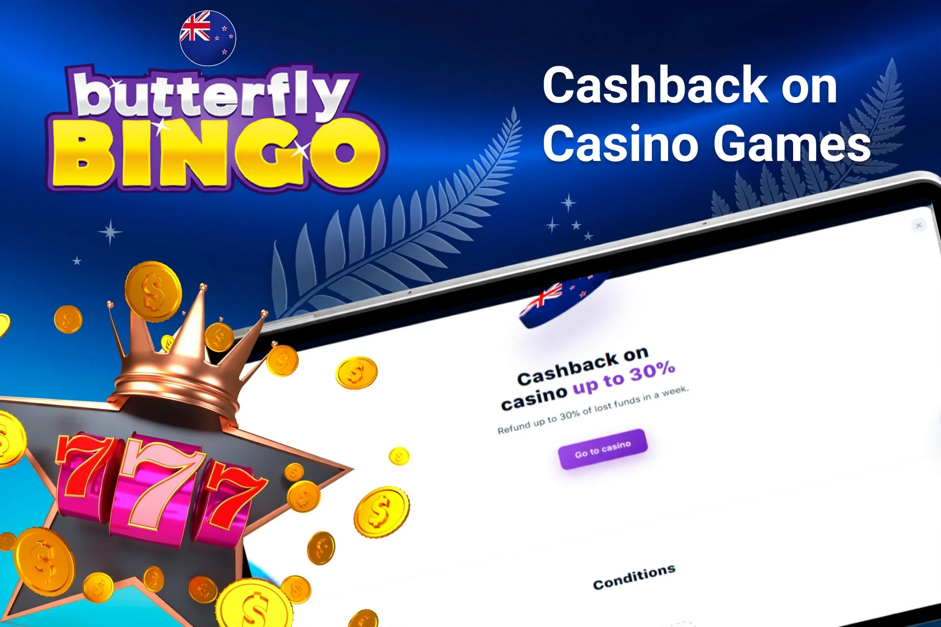 Mobile app with Butterfly Bingo poker rakeback offer up to 50%, red dice, and playing cards