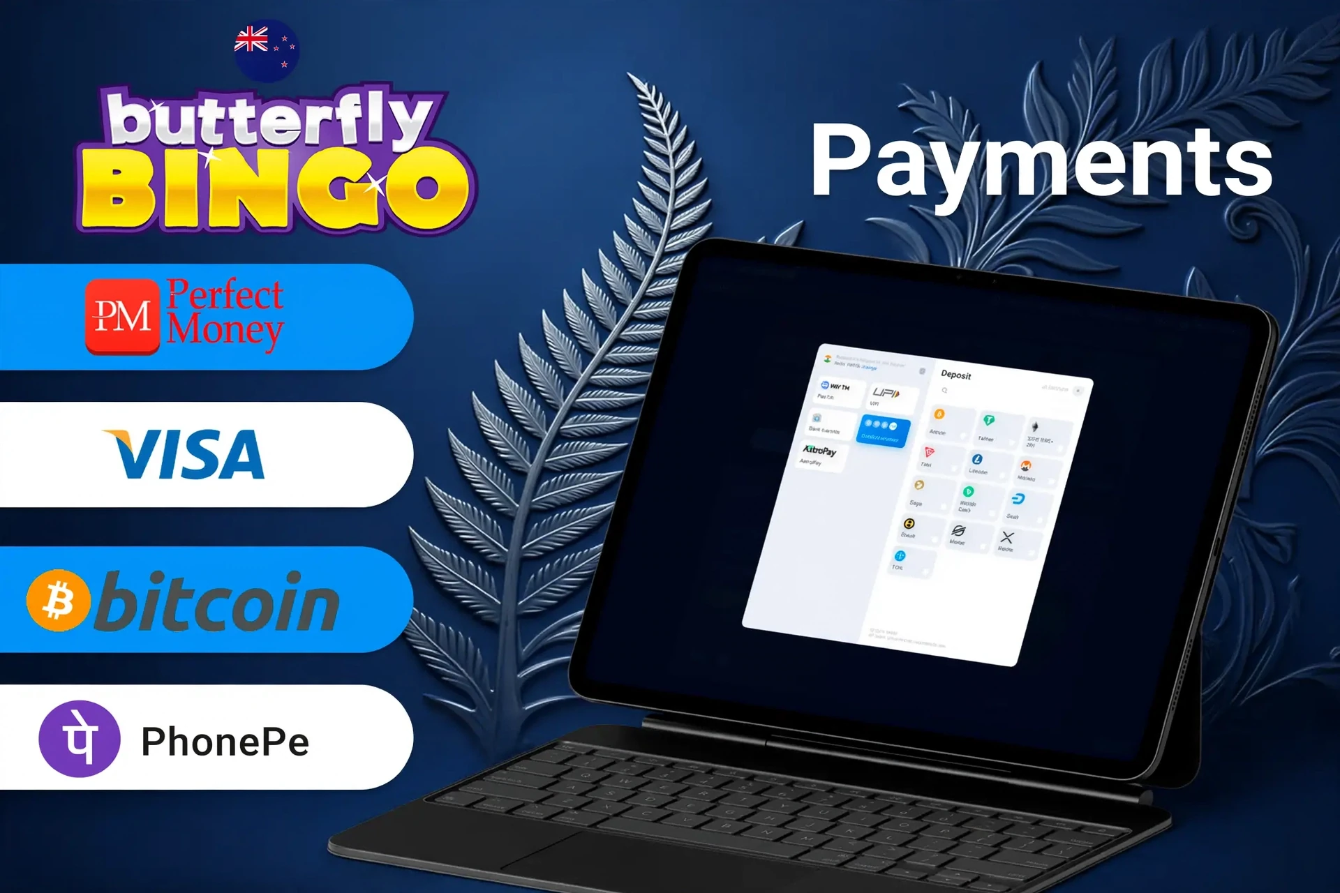 Butterfly Bingo payment methods including Visa, Mastercard, PayPal, and Apple Pay for quick and secure transactions