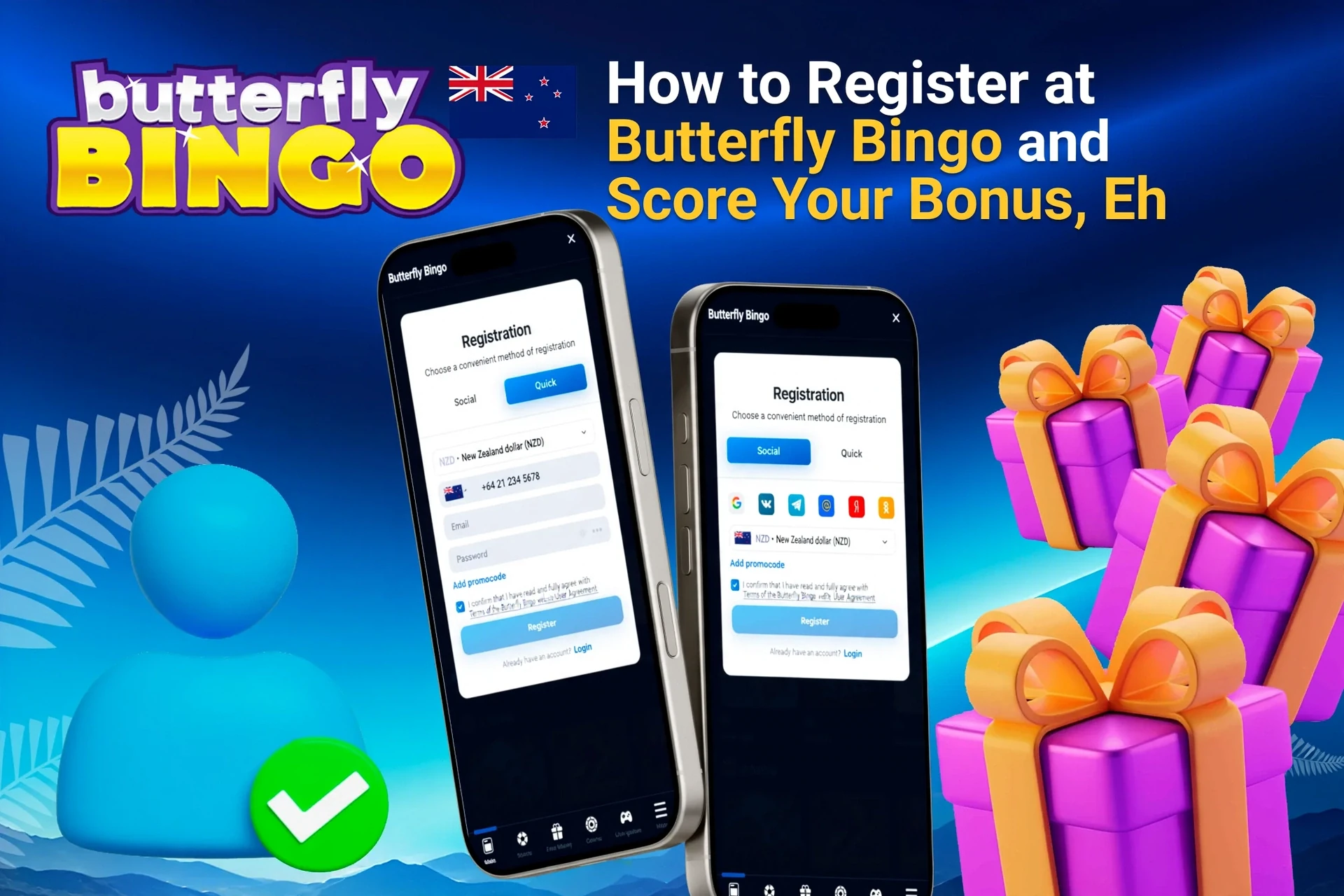 Mobile registration page for Butterfly Bingo showing bonus offers with purple and gold gift boxes