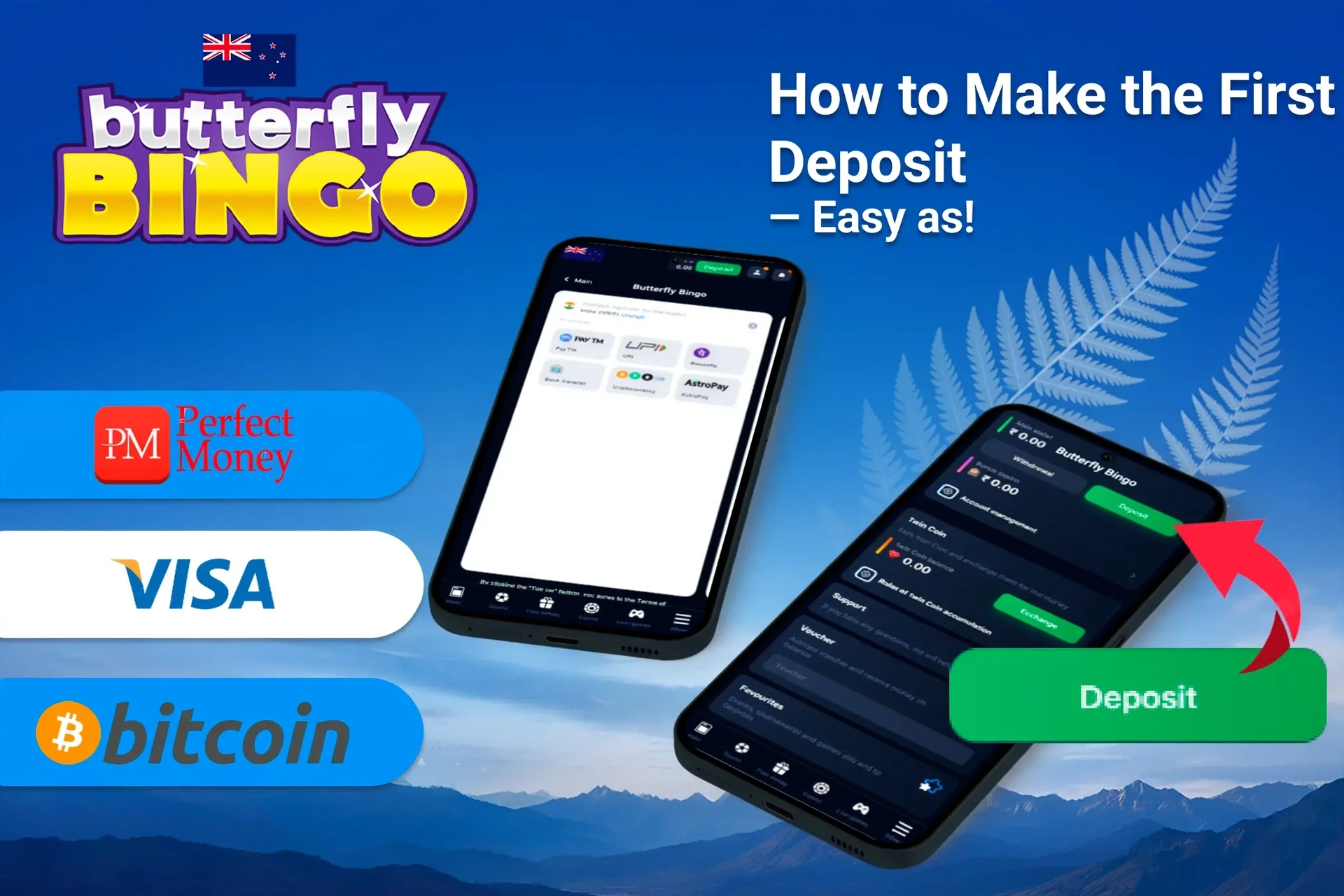 mobile interface displaying deposit options such as Perfect Money, Visa and Bitcoin, with a deposit action button