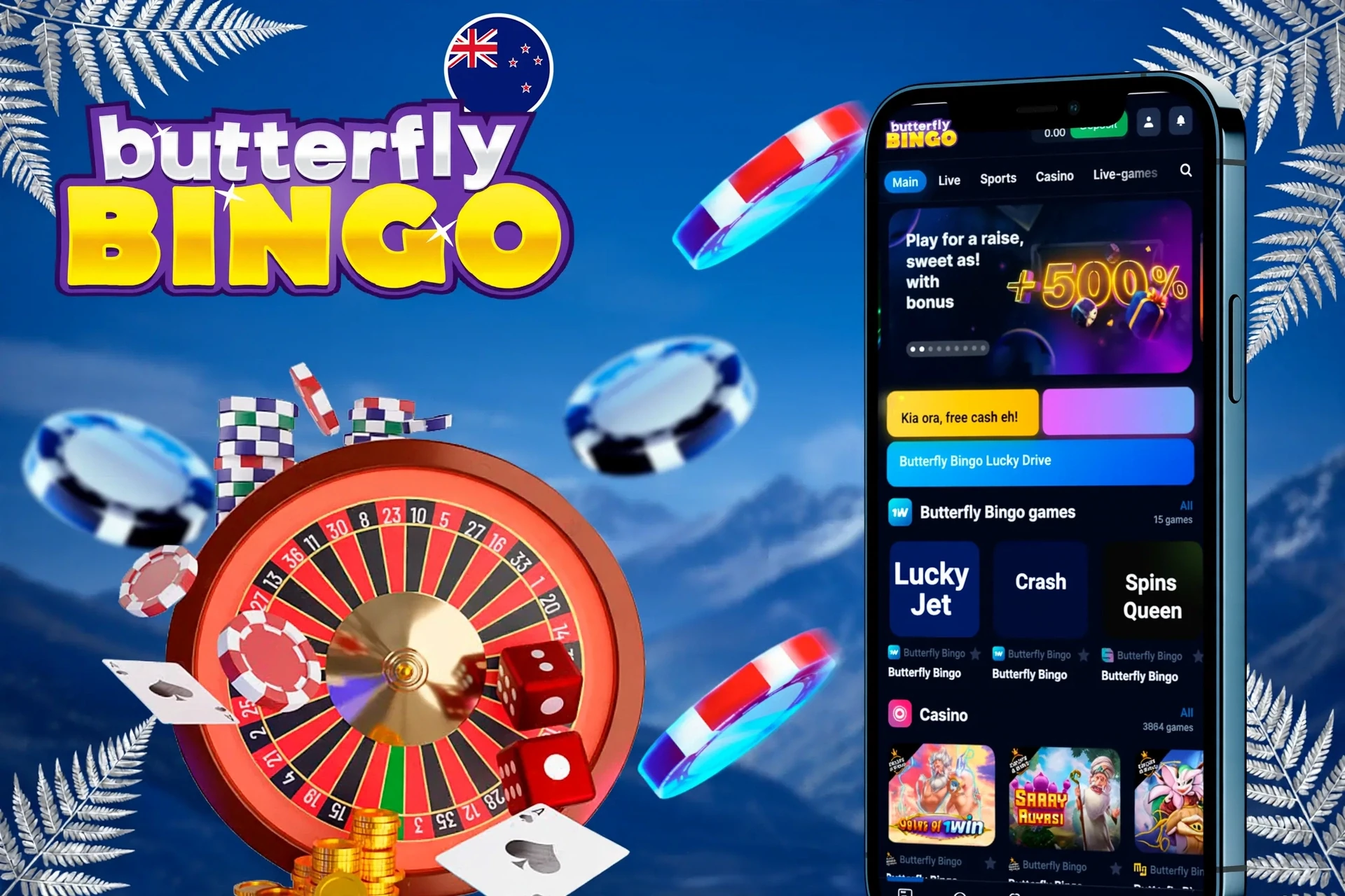 Mobile version of the Butterfly Bingo app displayed on smartphones, offering quick access to various betting and gaming features