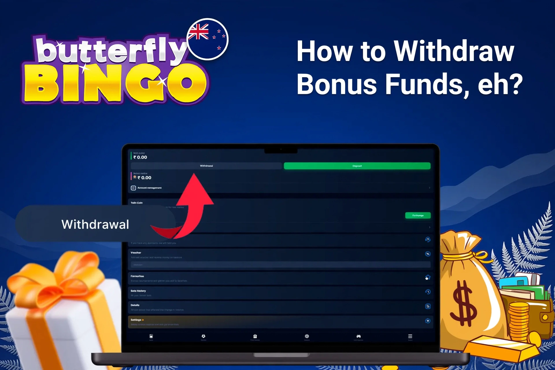 Laptop screen displaying Butterfly Bingo withdrawal options with money bags and gift boxes in the background