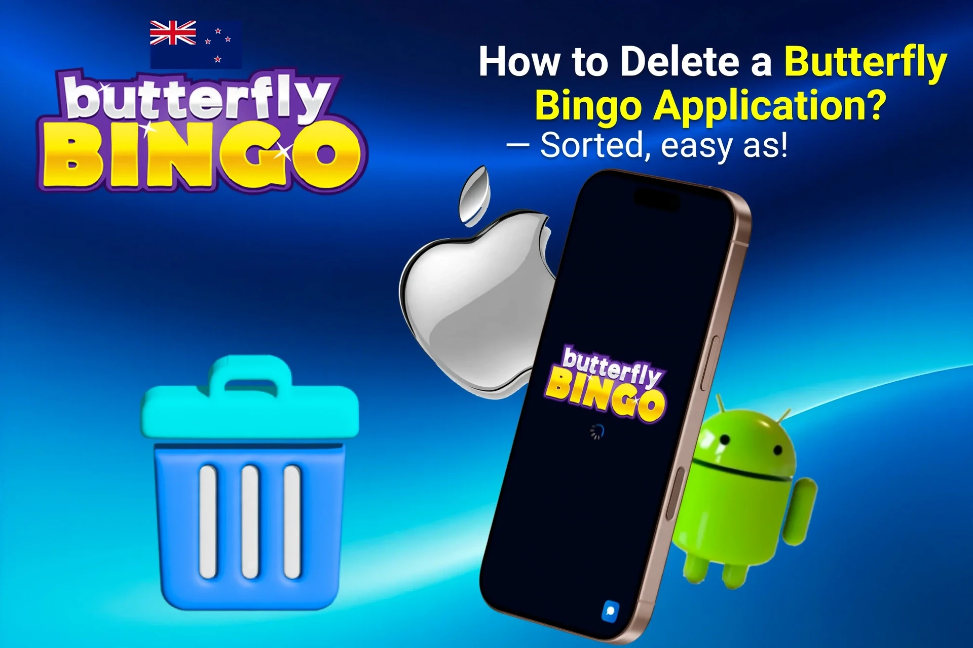 Instructions on how to delete the application from iOS and Android devices, shown with app icons