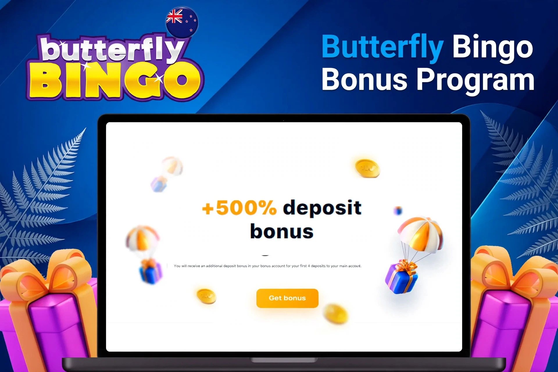 Laptop showing Butterfly Bingo welcome offer with bonus and free spin icons