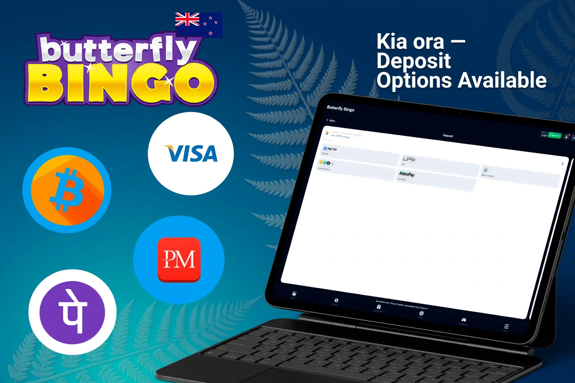 Deposit options available on Butterfly Bingo platform, including Visa, PayPal, Apple Pay, and popular crypto options, displayed on a tablet