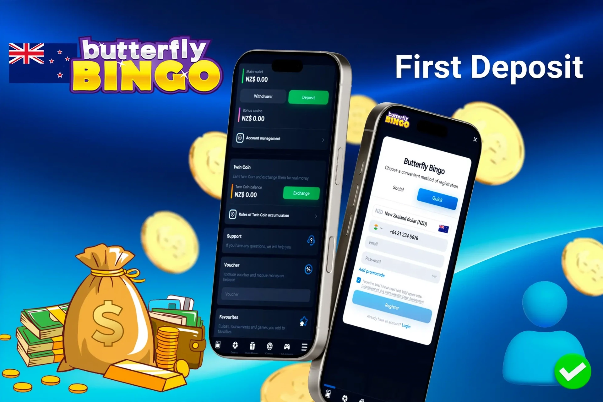 mobile interface showing steps to make the first deposit, with icons for payment options and bonus registration