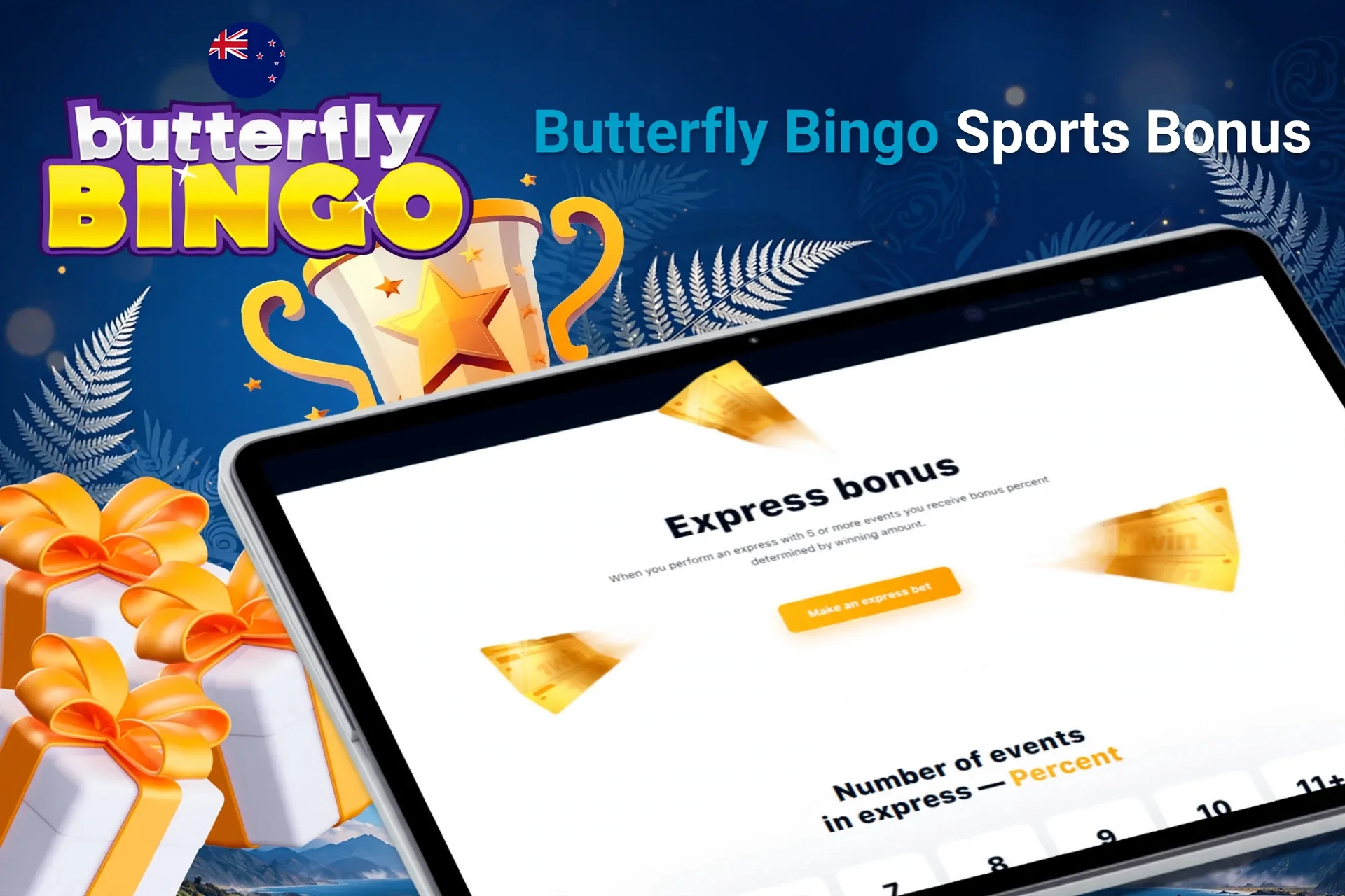 Tablet screen with express bonus offer for sports betting from Butterfly Bingo, with trophy and gift boxes.