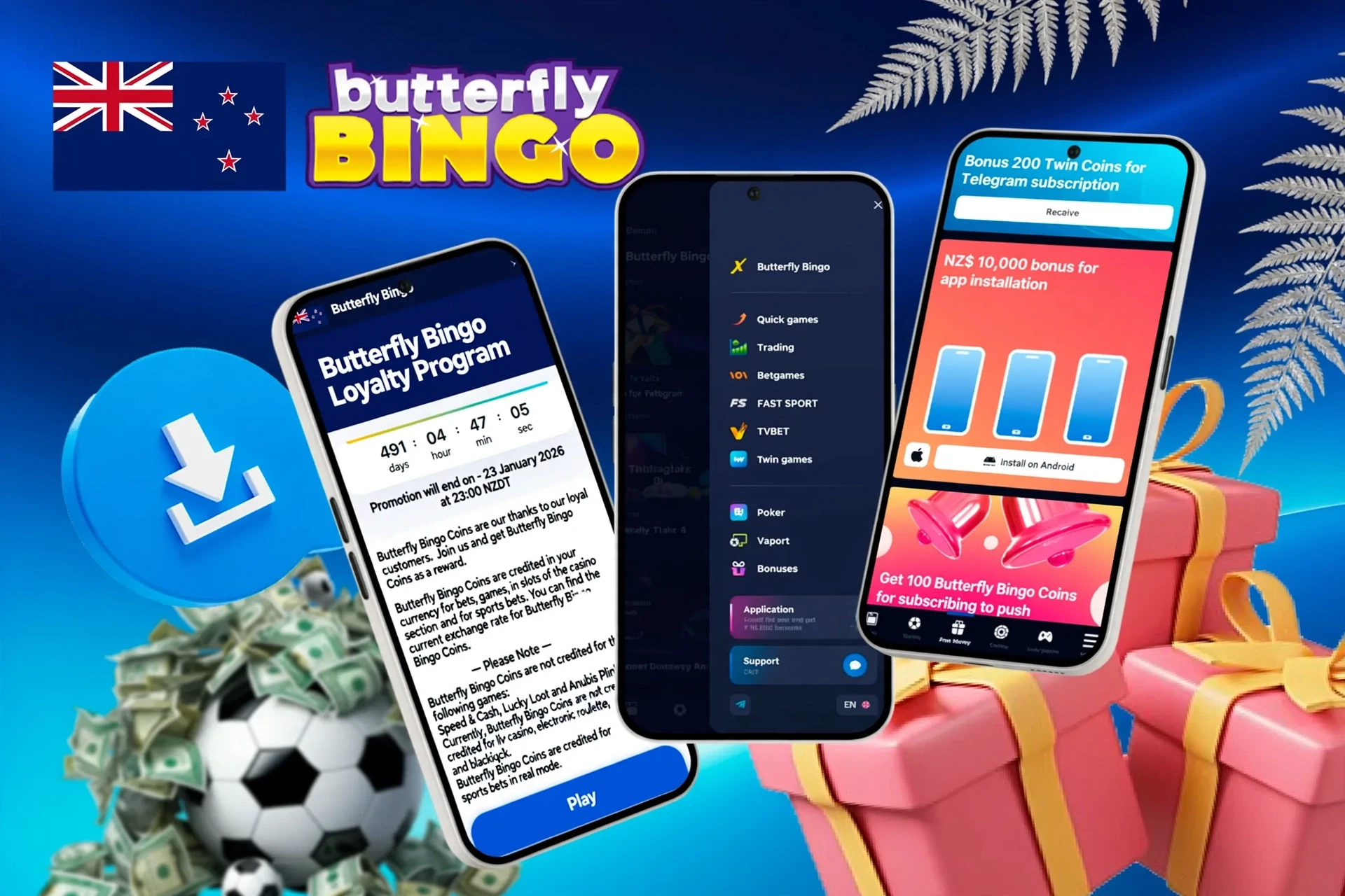 Mobile screens showing loyalty program, mobile access rewards, and football icon with download button