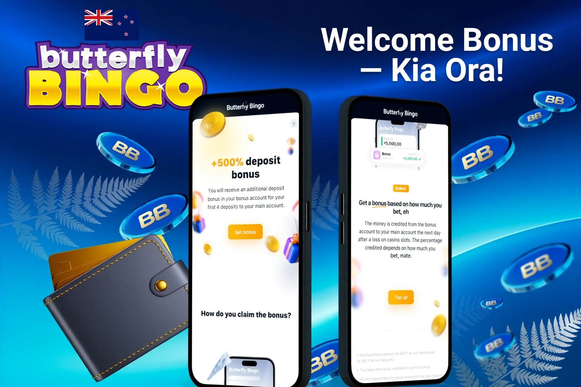 Butterfly Bingo welcome bonus screen with +£20 Bingo Bonus and 20 Free Spins for the first deposit, displayed on two mobile screens