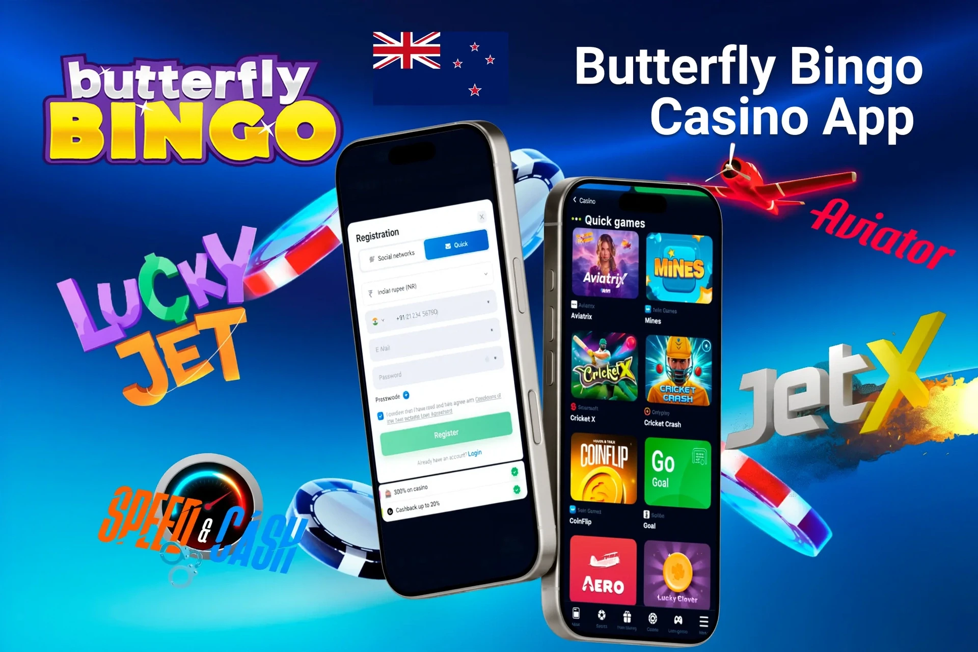 Butterfly Bingo Casino app registration screen with quick games