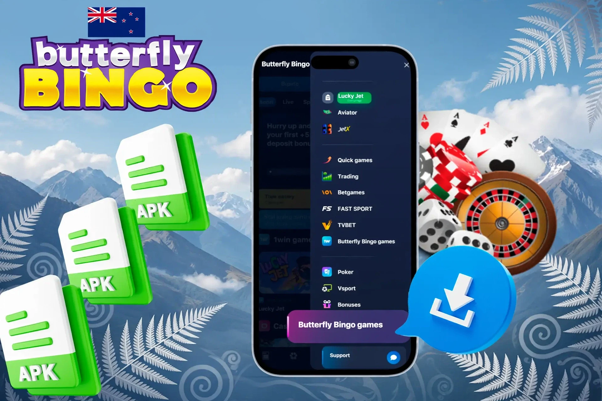 Butterfly Bingo mobile access illustration with browser icons and casino chips representing mobile play