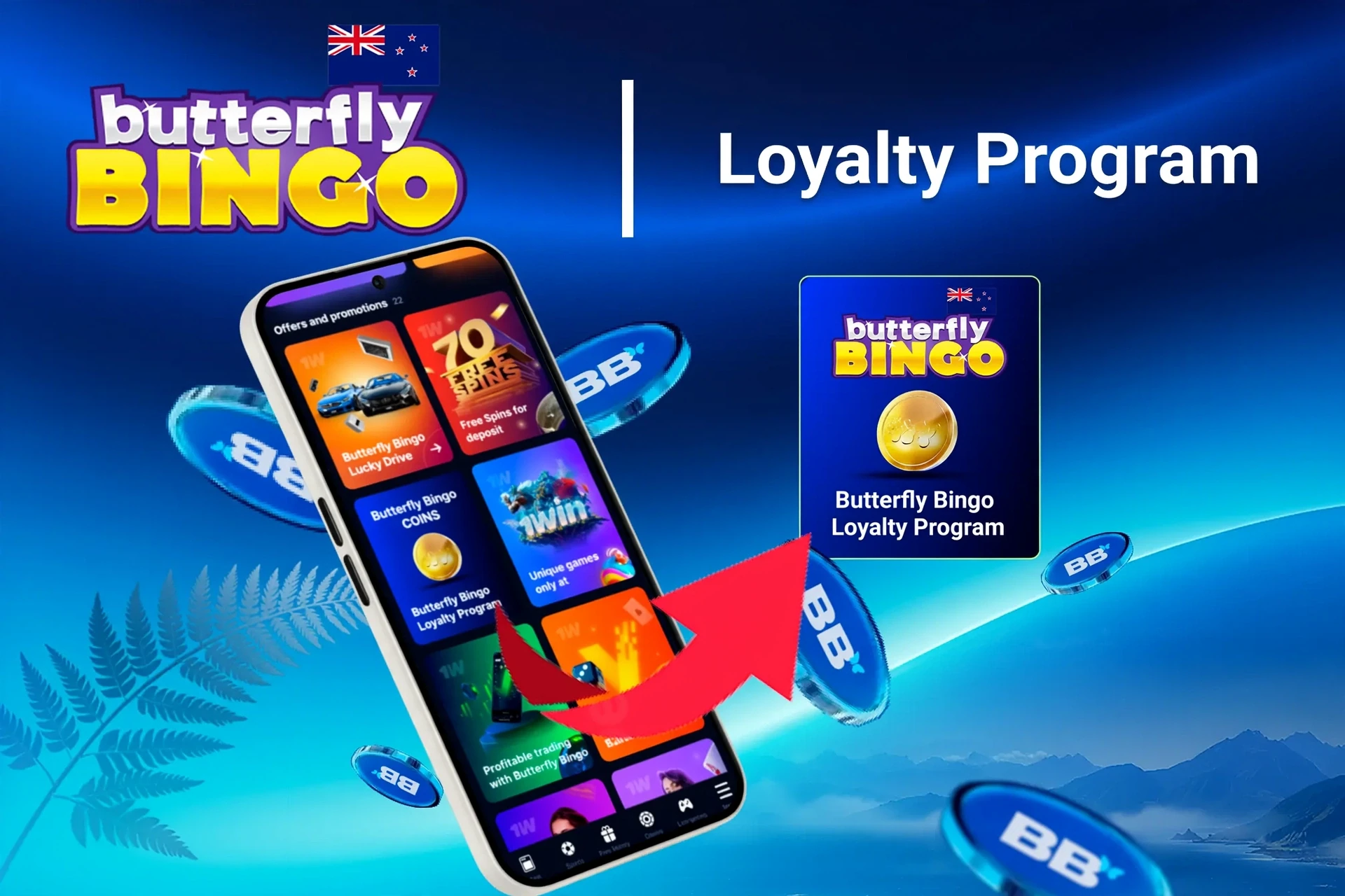 Mobile app showing Butterfly Bingo loyalty programme and offers like free spins and promotions.
