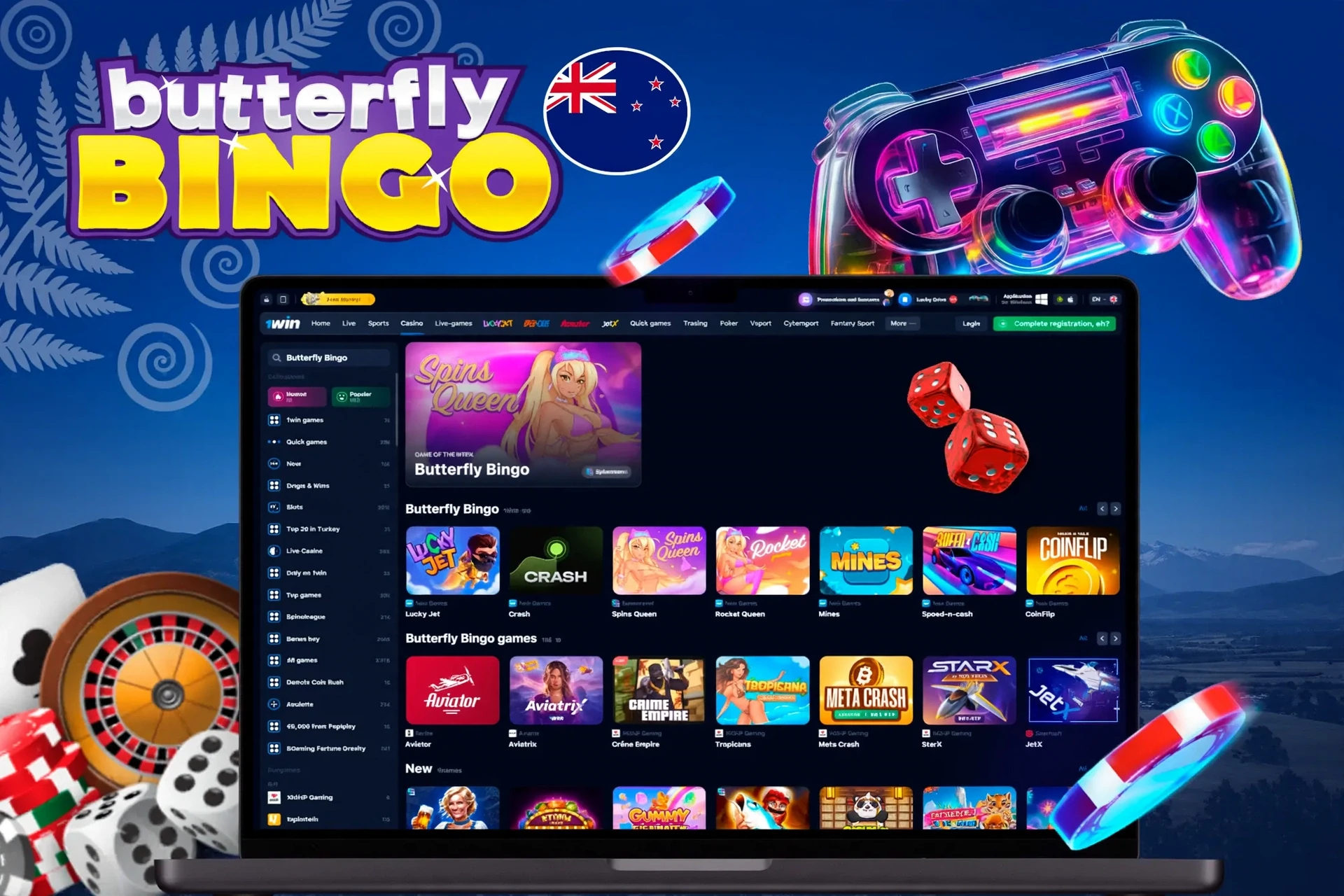 app interface showing a variety of bingo and slot games with a vibrant game controller icon