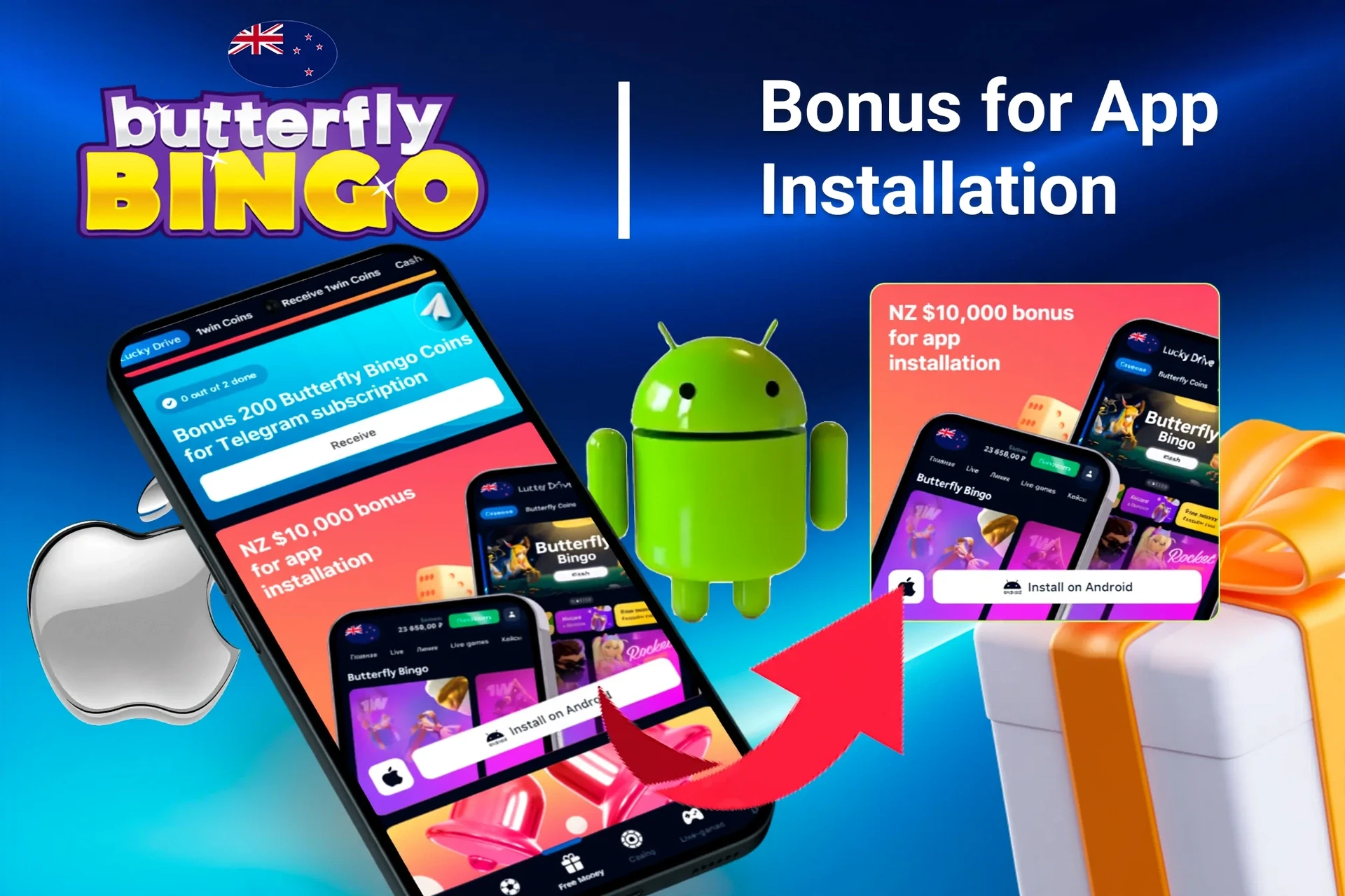 Butterfly Bingo bonus offer for app installation on mobile with Android and Apple logos, and gift boxes
