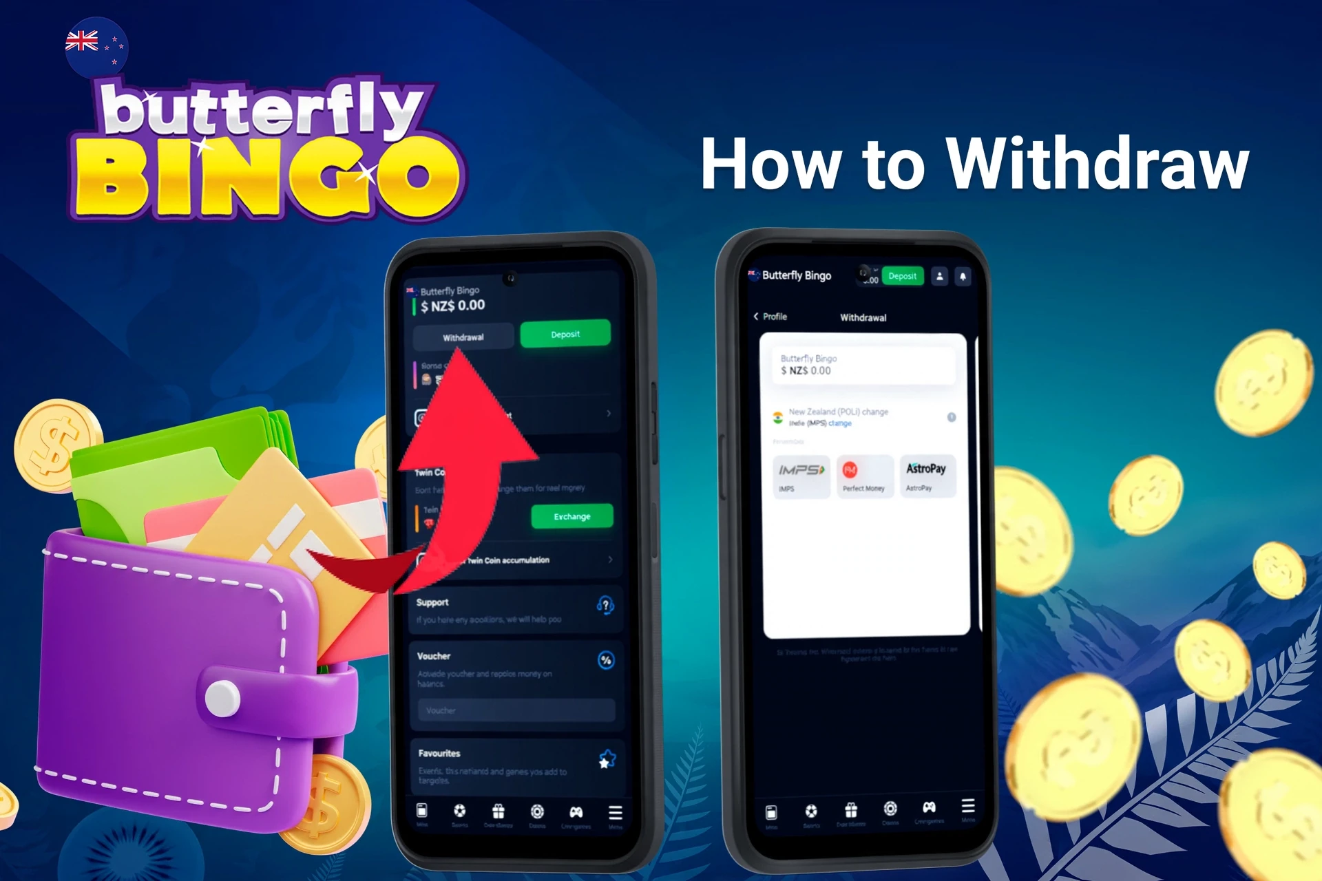 mobile interface showing withdrawal process with an arrow pointing to withdrawal options and available wallet balance