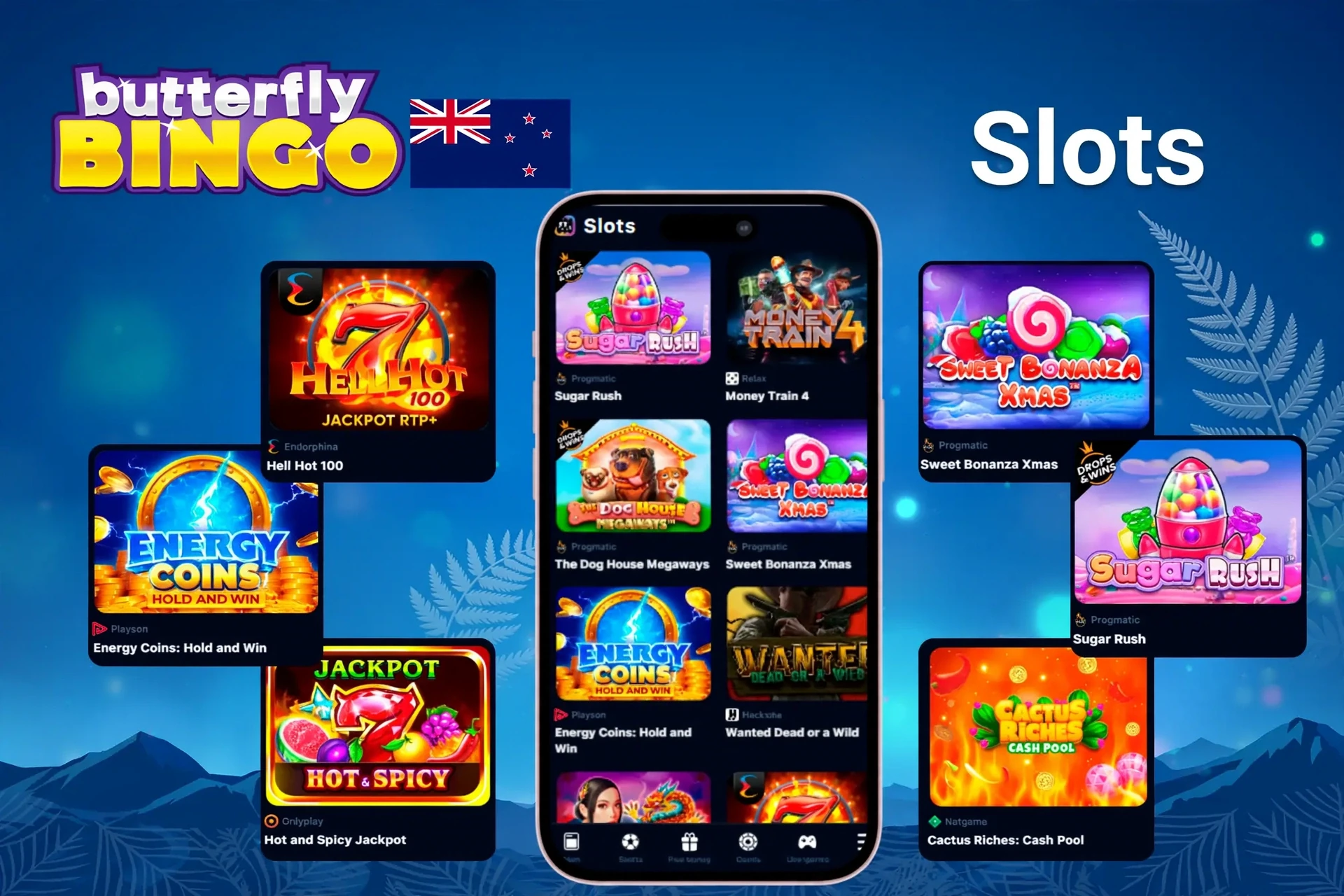 Slots featuring popular titles like Sugar Rush, Energy Coins, and Hell Hot 100 on mobile and desktop at Butterfly Bingo UK