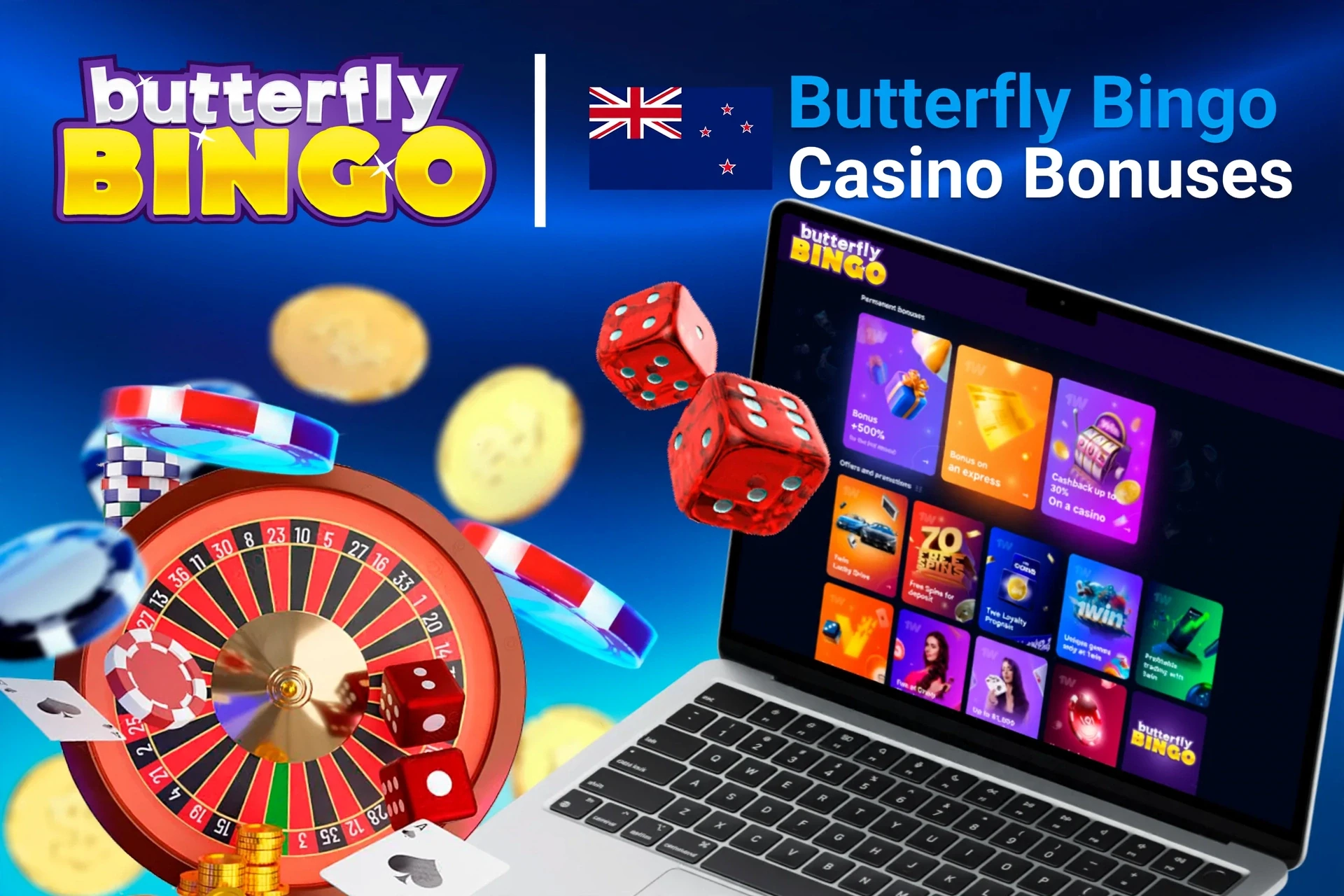 Laptop screen showing various Butterfly Bingo casino bonuses with roulette, dice, and poker chips