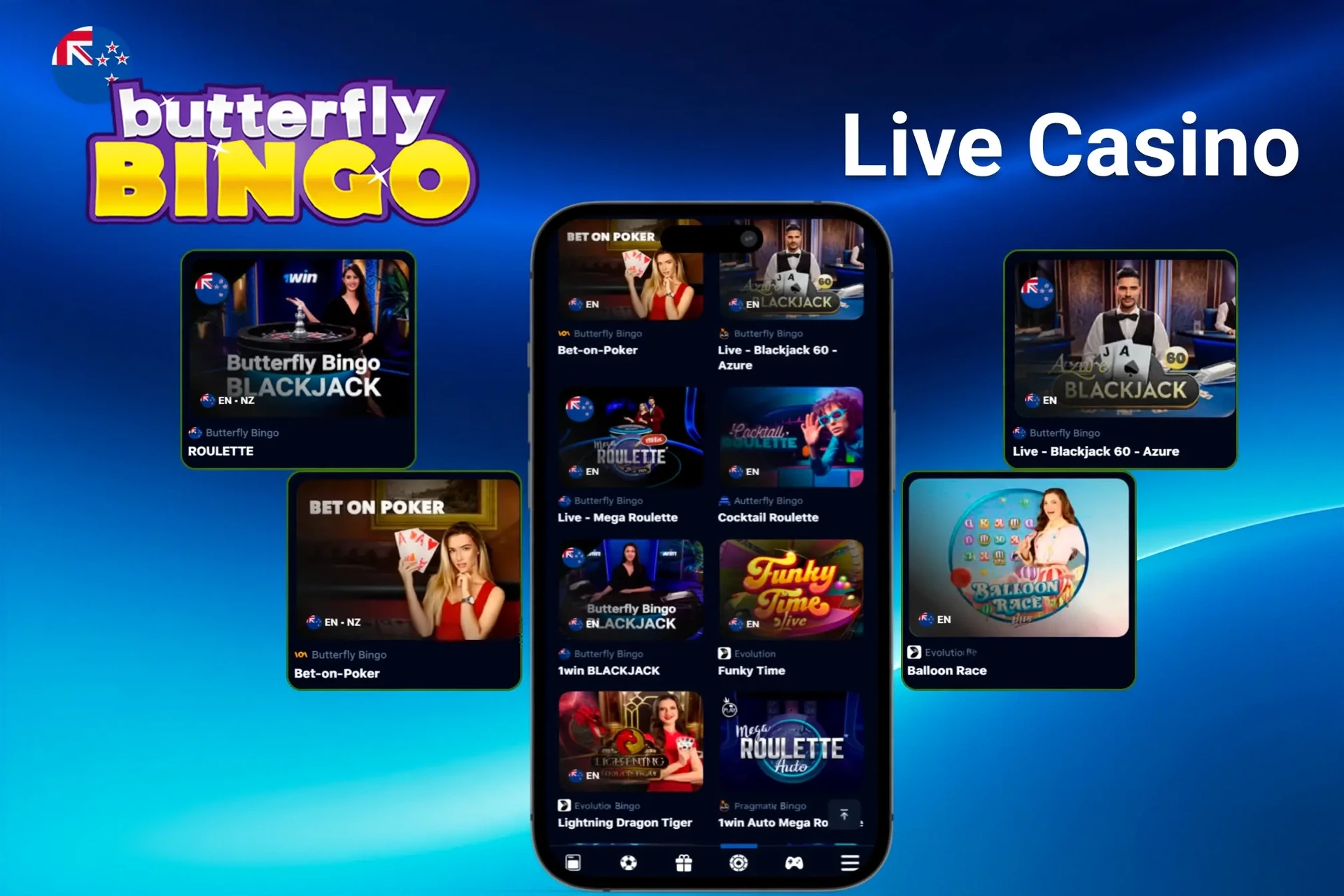 Live casino games with professional dealers available on mobile and desktop at Butterfly Bingo UK