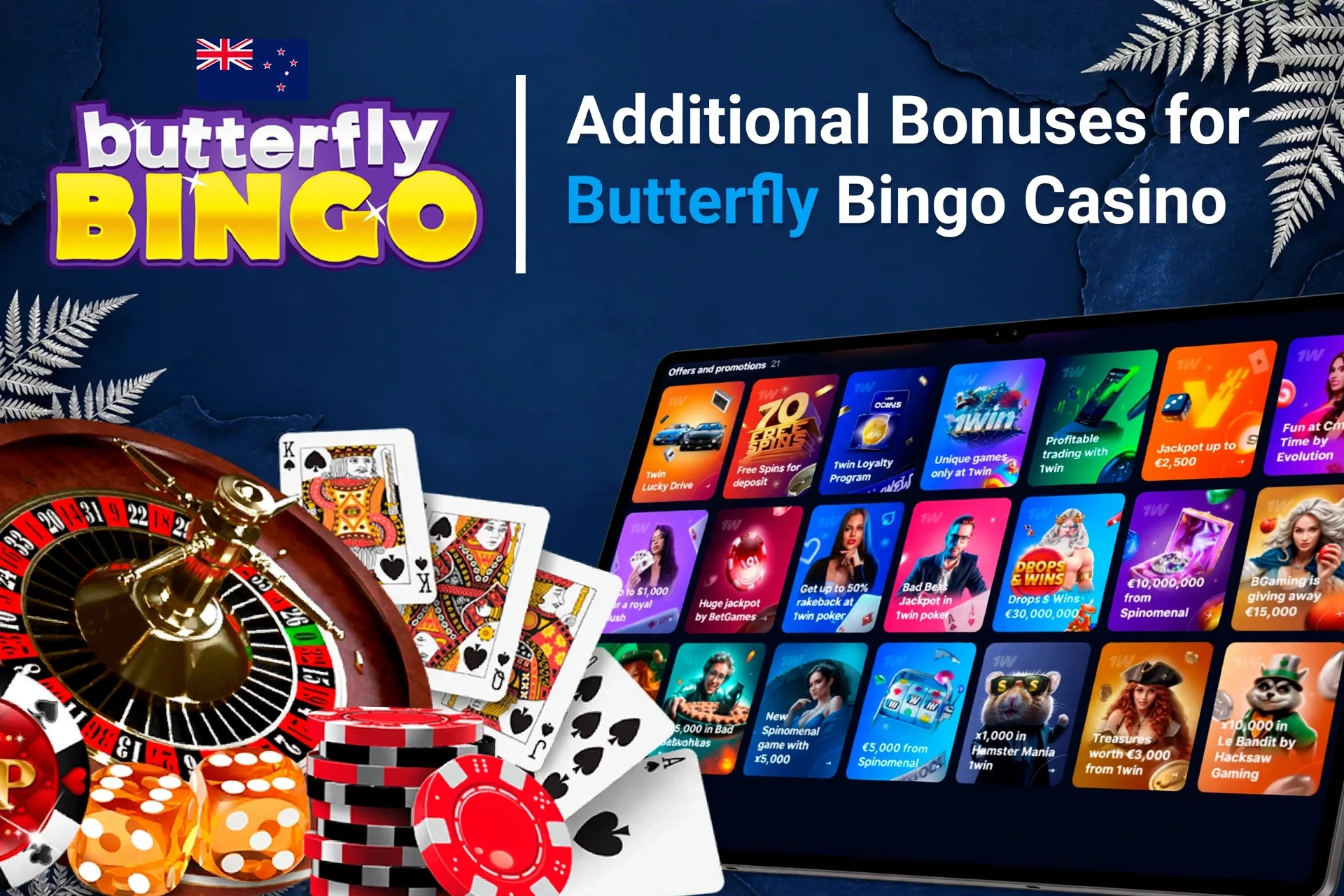 Mobile app showing Butterfly Bingo offers like loyalty programme and free spins with poker chips and cards
