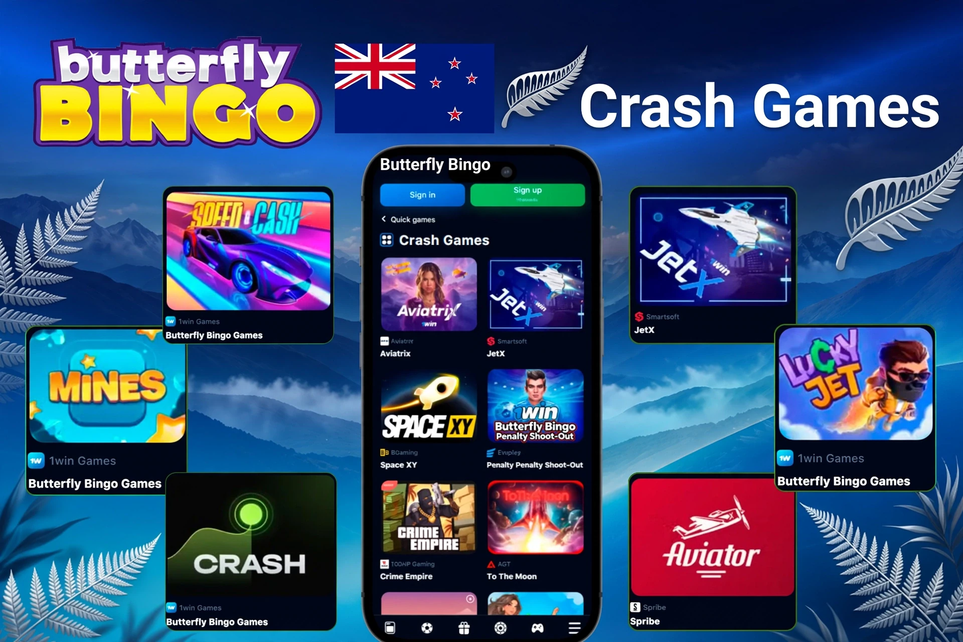 Crash games such as Mines, Speed-n-Cash, JetX, and Lucky Jet shown on mobile at Butterfly Bingo UK
