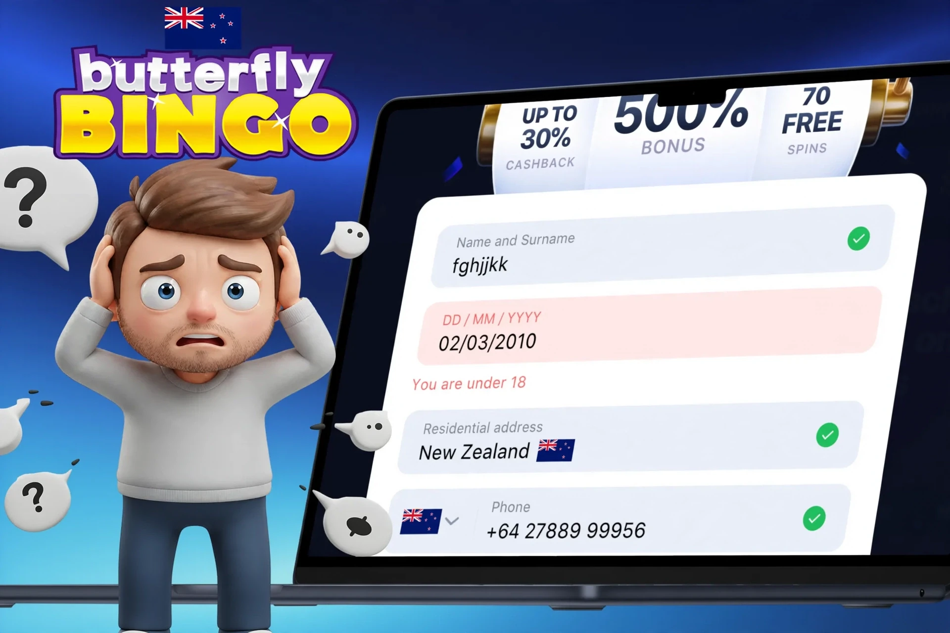 Description of possible difficulties when registering on Butterfly Bingo